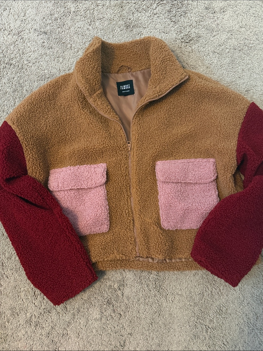 Bershka Colorblock Sherpa Jacket - Camel, Pink & Burgundy